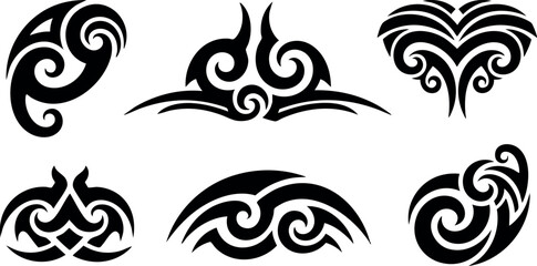 Abstract tribal tattoo designs with black swirling patterns and curves for body art and decoration vector illustration