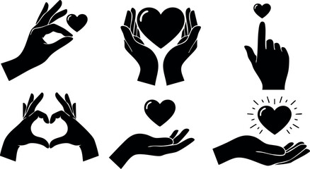 Heart care and love gesture icons collection with hands showing affection and support in vector format