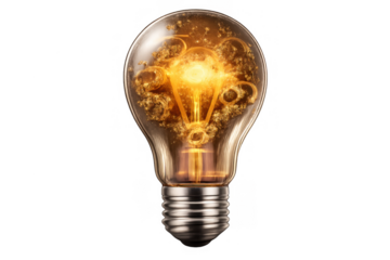 Glowing light bulb filled with wood shavings representing craftsmanship, creativity, and natural energy ideas, transparent background