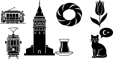 Vector set of Istanbul tram, Galata Tower, tea glass, tulip flower, and cat silhouette icons