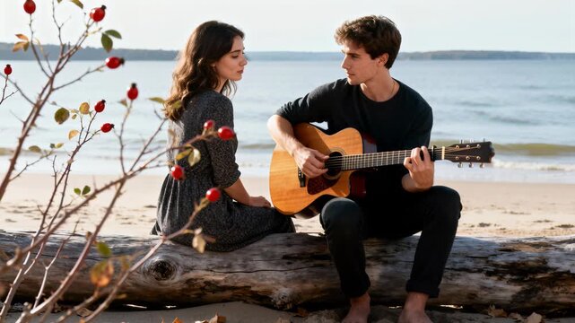 Couple on beach with man playing acoustic guitar while woman listens beside a driftwood log, calm ocean and soft natural light set a relaxed mood, open sky and uncluttered sand provide copy space for 