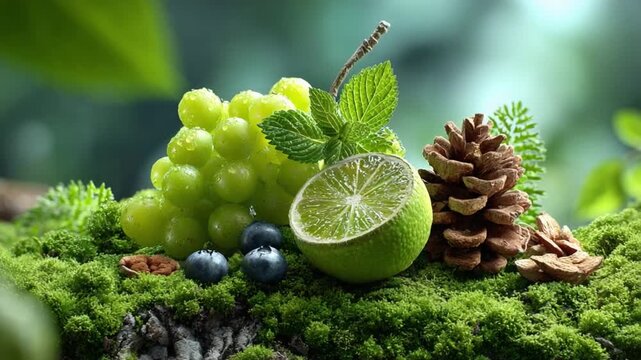Nature's Bounty: A vibrant composition of fresh, succulent grapes, blueberries, a lime, and a pinecone rests gracefully atop a bed of lush, verdant moss, framed by leafy foliage.