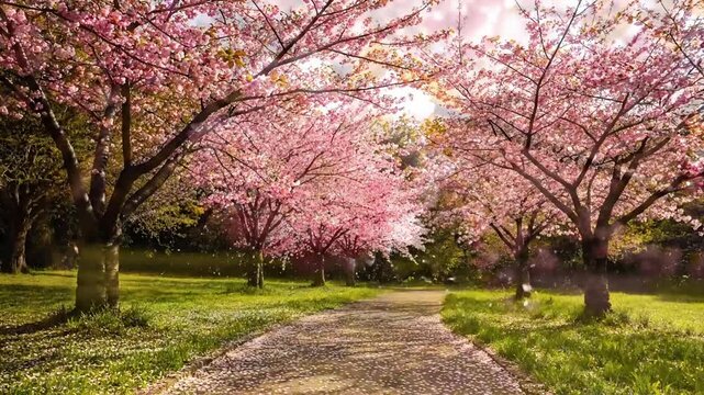 Spring Awakening cherry blossom Serene long shot of a path or garden bordered by multiple blooming cherry trees, bathed in soft morning light.