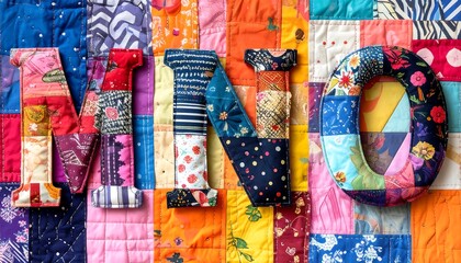 Colorful Patchwork Letters Spelling Out MNO on Quilted Background.