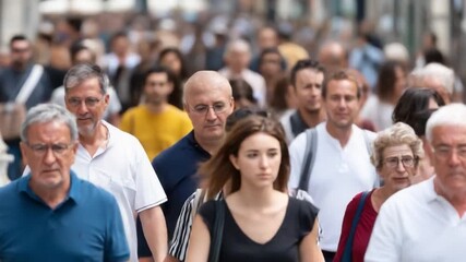 Urban Crowd: A vibrant snapshot of a diverse crowd of people traversing a bustling city street. This image captures the essence of urban life and the daily flow of human activity.