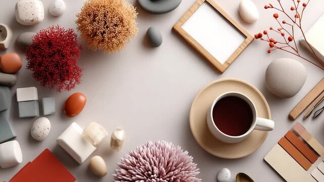 Harmonious Arrangement: A delightful and balanced composition featuring a cup of tea, along with decorative elements, suggesting a sense of calm and artful living.