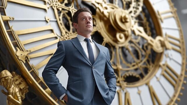 Masterful Time: A sharp suited man stands against the backdrop of a grand clock, contemplating time's passage. A timeless portrait of contemplation.