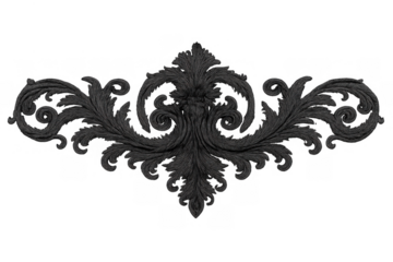 Ornate black carved baroque architectural scrollwork filigree decorating historical interior design elements