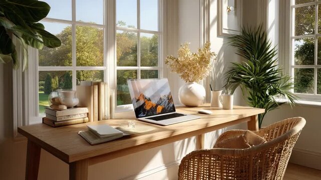 Serene Workspace: A sun-drenched desk setup with a laptop, books, and plants against a scenic window view, embodying productivity and tranquility.