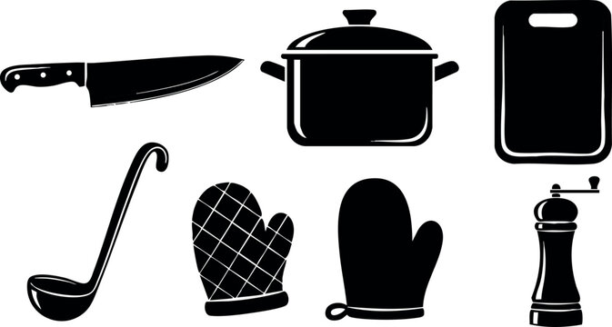 Kitchen utensils set with knife ladle pot cutting board oven mitt mitten and pepper mill vector illustration
