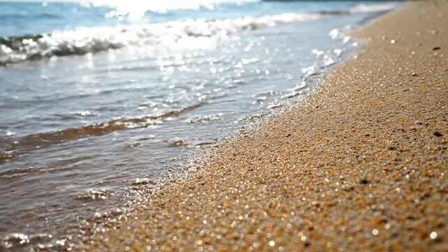 Serene Tidal Pool Glint beach sparkle summer Still, eye level shot of a shallow tidal pool or calm water's edge, where sunlight creates scattered, tranquil glints