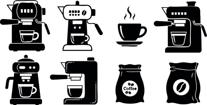 Coffee machine icons with steaming cup and coffee bag vector set for beverage and kitchen design