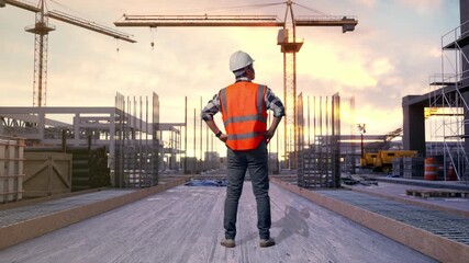 Full Body Back View Of A Male Engineer Wearing Safety Helmet Looking Around While Standing With Arms Akimbo at Construction Site with Tower Cranes and Building Foundations