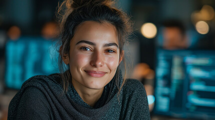Confident Young Woman in Tech: Smiling Portrait in a Modern Office Workspace