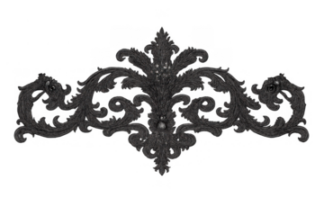 Black ornate baroque scrollwork design element with rococo floral motif, elegant vintage decorative flourish on transparent background