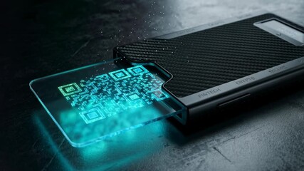 Portable charger projects a holographic QR code from a sliding panel and rests on a dark tabletop. The device has a carbon textured casing and a subtle digital glow. It evokes futuristic payment and s - Powered by Adobe