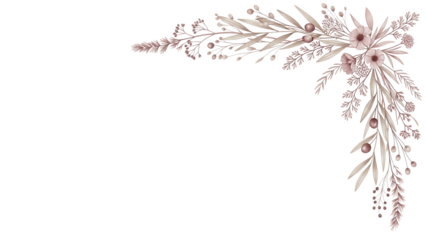 Elegant watercolor corner design with wildflowers and olive branches in dusty rose and beige isolated on white background