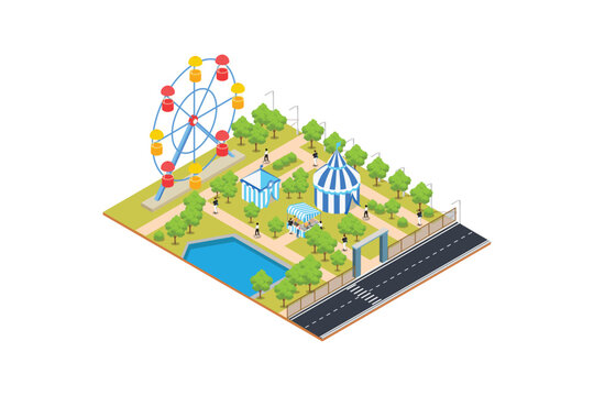 Amusement park isometric vector concept. Happy people in amusement park white background