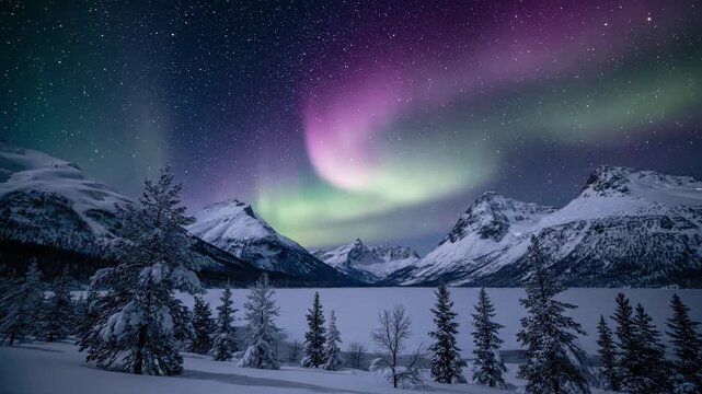 Solitary Winter Wilderness Display aurora glow Static shot of aurora illuminating an untouched, deep snow landscape. A breathtaking, high definition wide shot of a vibrant