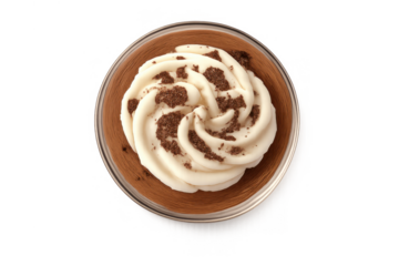 Dessert cup with chocolate mousse and whipped cream, sprinkled with cookie crumbs, top view on transparent background