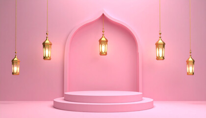 Minimal Islamic Arch Stage with Hanging Lamps on Pink Background