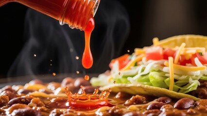 Delicious taco with beans, cheese, lettuce, and tomato being drizzled with hot sauce