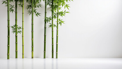 Green Bamboo Trees Border with Copy Space with Fresh Green Leaves on Isolated White Background