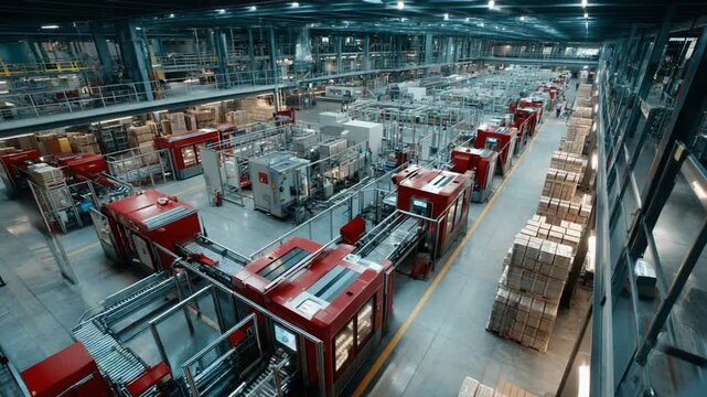 The Heart of Industry: A panoramic view captures the dynamic core of a modern factory, where machinery hums with purpose. showcasing complex automation and production efficiency. 