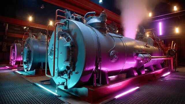 Industrial Boiler with Neon Lights: An industrial boiler emits plumes of steam, accented by vibrant neon lights, highlighting its size and power within a vast, metallic space.