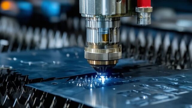 Precision Metal Cutting: Close-up shot of a high-tech laser cutting machine precisely etching intricate designs into a metal sheet, showcasing the beauty of technological innovation.
