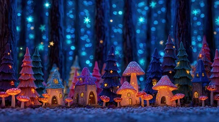 Whimsical Christmas forest with tiny houses lit from within, glowing mushrooms, and a starry night sky.	