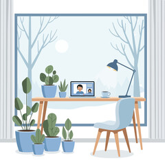 Obraz premium Cozy Home Office with Video Call and Winter View
