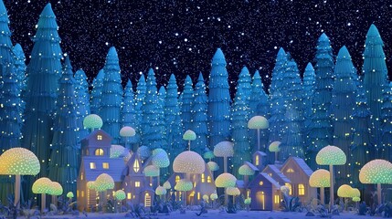 Whimsical Christmas forest with tiny houses lit from within, glowing mushrooms, and a starry night sky.	