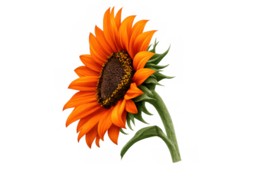 Orange sunflower blooming, vibrant petals and green stem, summer plant, botanical beauty, transparent background