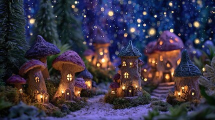 Whimsical Christmas forest with tiny houses lit from within, glowing mushrooms, and a starry night sky.	