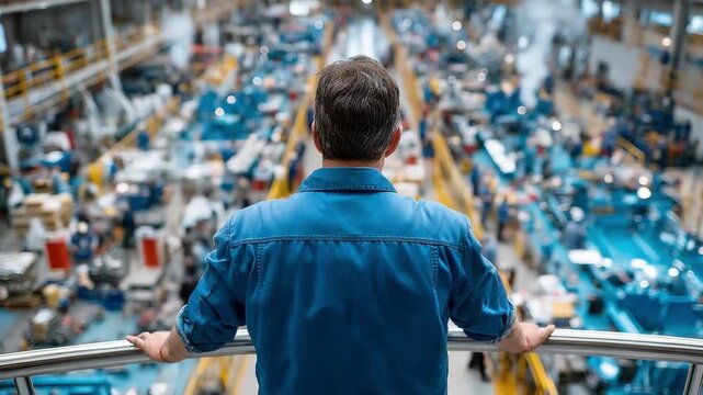 Industrial Oversight: A manager stands overlooking a bustling factory floor, symbolizing leadership and control in an industrial setting.