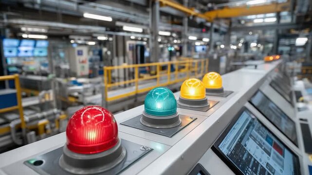 Industrial Alert: Illuminated alert lights on a control panel signal critical information within a modern industrial facility, conveying efficiency and precision.