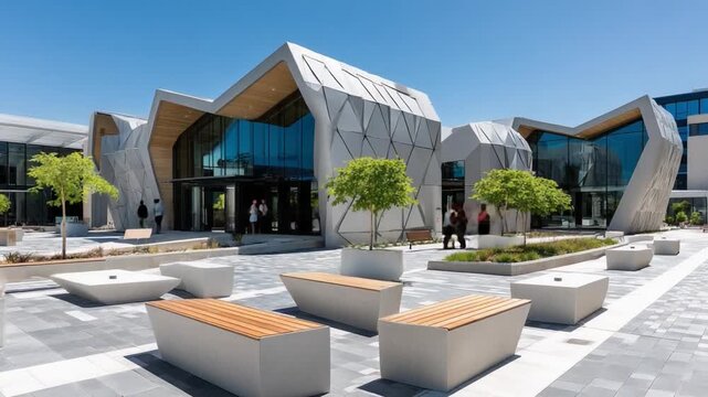 Architectural Marvel: A modern building with striking geometric design, capturing the interplay of lines, light, and open space, complemented by benches and verdant landscaping.