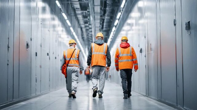 Team of Engineers: An industrial tableau, showcasing the camaraderie of a team of engineers, clad in safety gear, as they navigate a corridor. This visual is a study in collaboration.