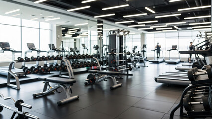 Fototapeta premium Modern Gym Interior with Fitness Equipment and Large Windows