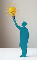Silhouette holds glowing lightbulb, symbolizing innovation and bright ideas. Minimalist design.