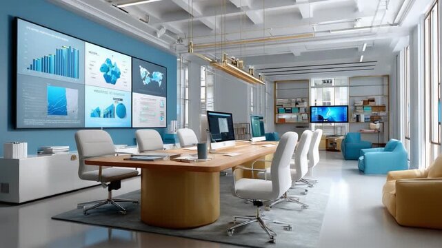 Modern Meeting Room: A bright and modern meeting room is seen with various screens displaying data visualizations. The room boasts a large conference table surrounded by comfortable chairs.