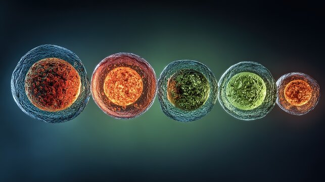 Stem cell differentiation sequence, cell stages in a row, green gradient, regenerative medicine	