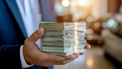 Hand Holding a Stack of Bills. Tax / Finance Season. A close-up of a hand firmly holding a thick organized stack of US dollar bills representing wealth or a major transaction.
