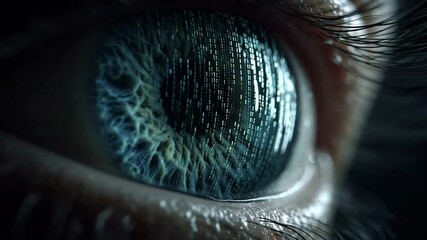 Close-up of a human eye reflecting binary code, symbolizing technology and data. - Powered by Adobe