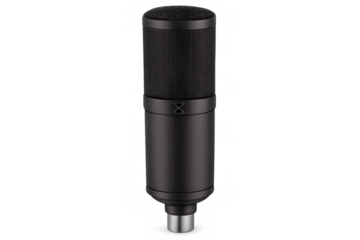 Black condenser microphone for professional audio recording, podcasting, and studio production on transparent background
