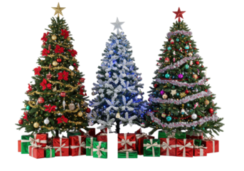 Three distinct christmas trees, lavishly decorated with gold, silver, and colorful baubles, alongside wrapped gifts, isolated on a transparent studio background. Luxurious holiday design showcase