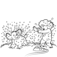 Black and White Coloring Page of Little Girl Playing With Dog in Sprinkler