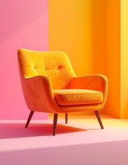 Modern Orange Velvet Armchair on Pink and Yellow Geometric Background
