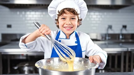 Happy Young Boy Chef Whisking Ingredients in a Professional Kitchen